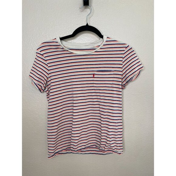 Levis Perfect Crew Womens Striped T-Shirt XS Tan Blue Stripes Short Sleeve - Picture 2 of 6